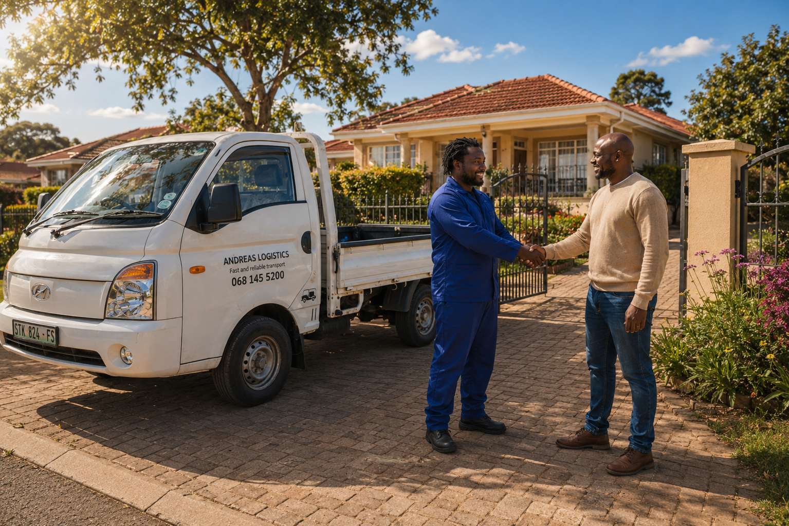 Ronald shaking hands with a satisfied customer in front of a house